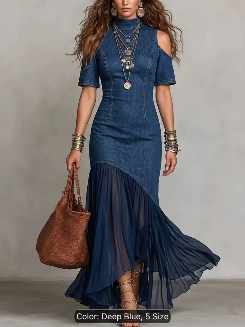 Deep Blue Cold-Shoulder Denim Maxi Dress